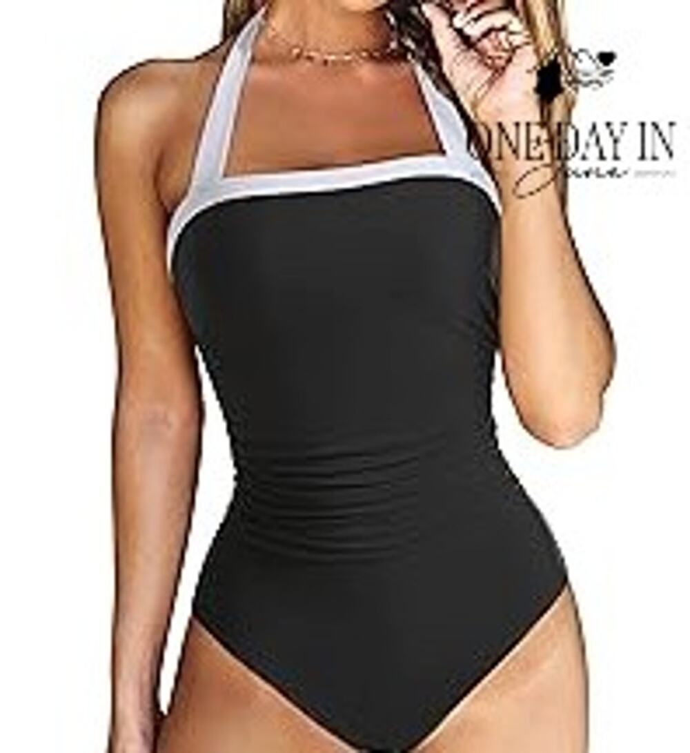 Suuksess Retro Halter Tummy Control One Piece Swimsuit Black White Size L